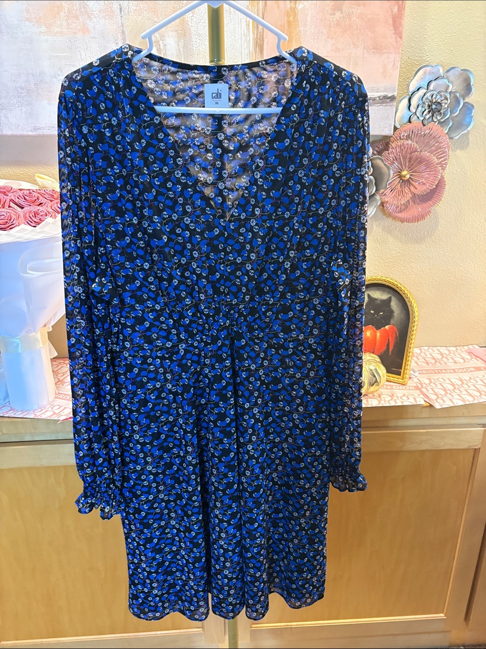 CAbi Royal Blue Long Sleeve Floral V-Neck Dress